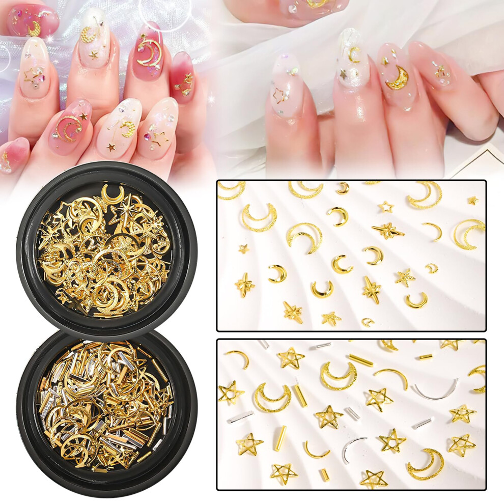 260Pcs Gold Silver Star Moon Nail Art Charms 3D Crystal Rhinestone Metallic Decorations for Manicure