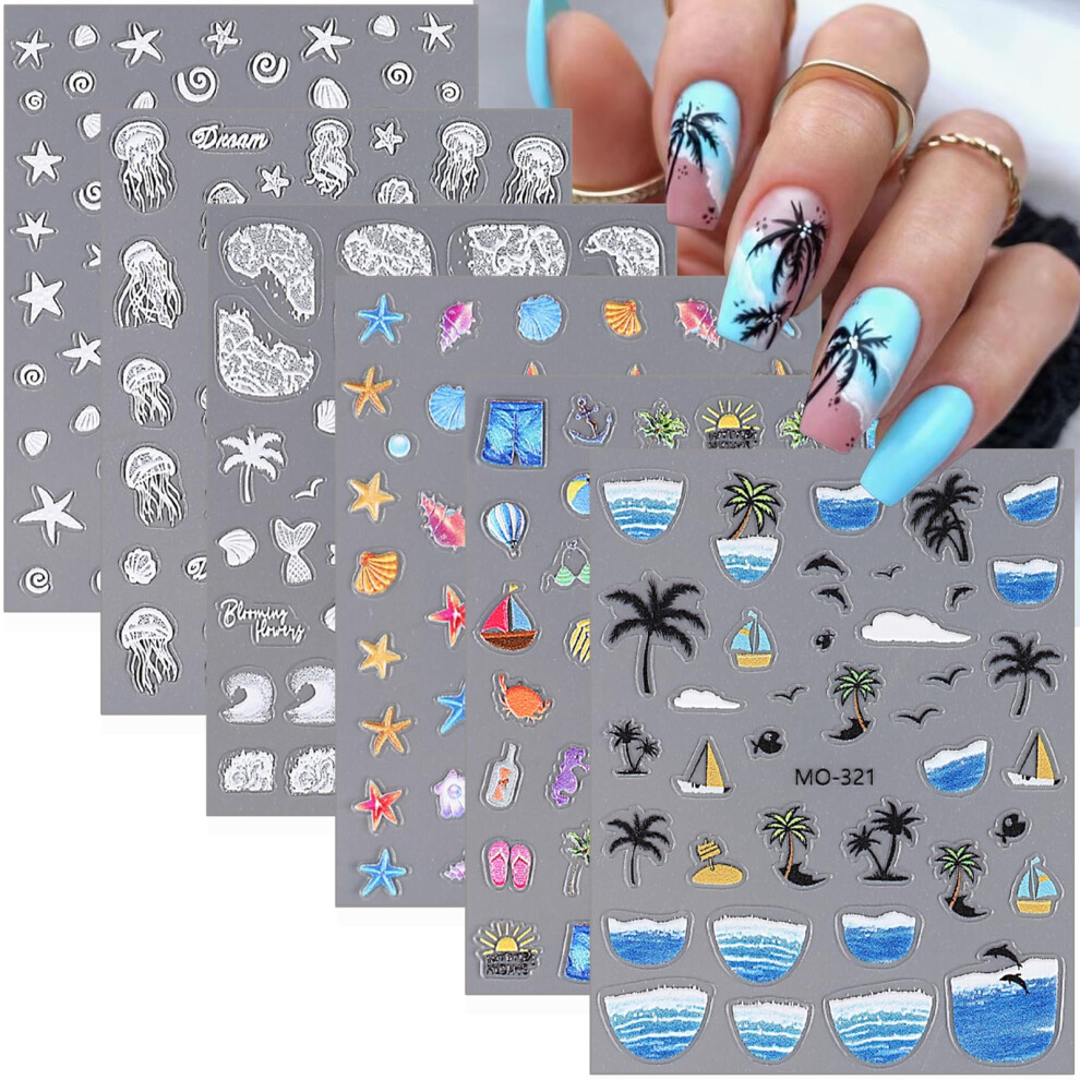 Ocean Theme 5D Embossed Nail Art Stickers, SelfAdhesive Beach Palm Tree Decals, 6 Sheets