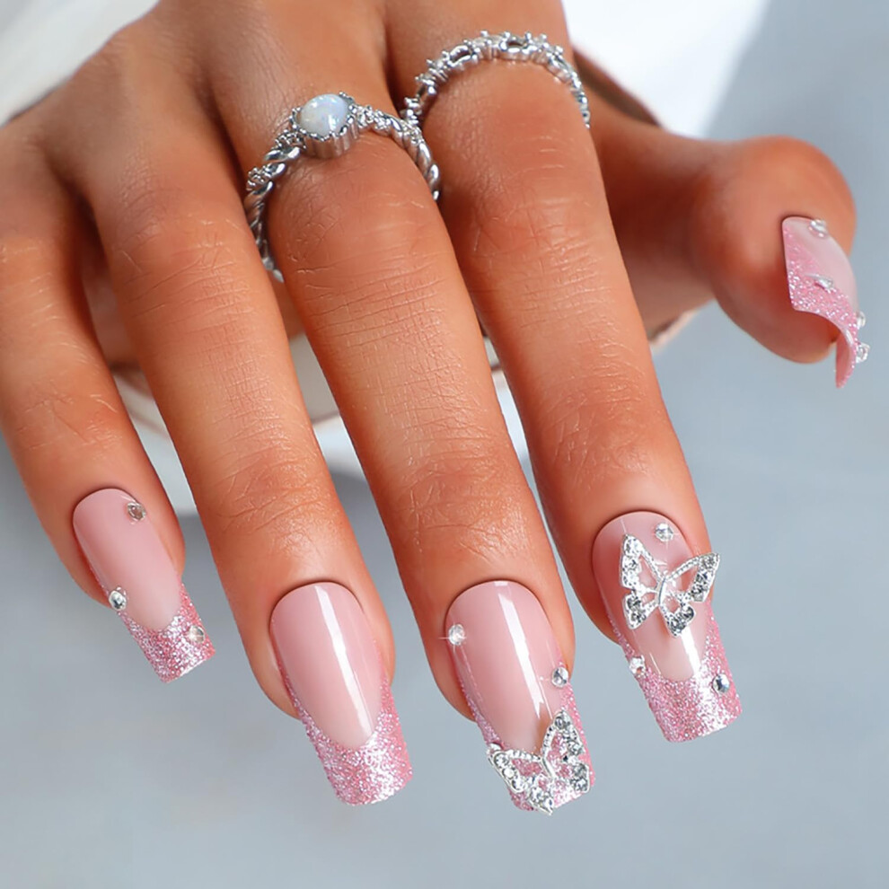 Press on Nails Pink French Coffin Fake Nails with Silver Butterfly Glitter Square Medium Length for Women