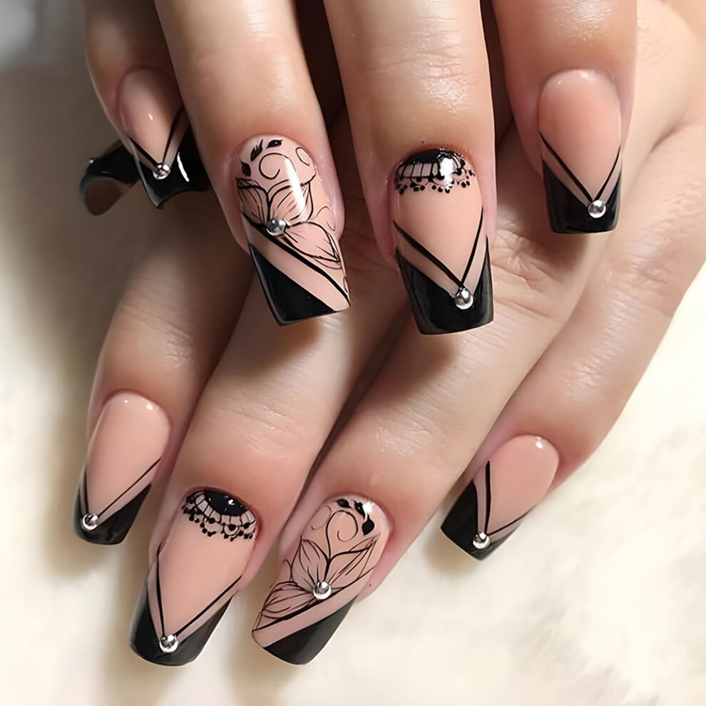 Black French Coffin Press On Nails with Floral Rhinestones, Short Glossy Fake Nails for Women