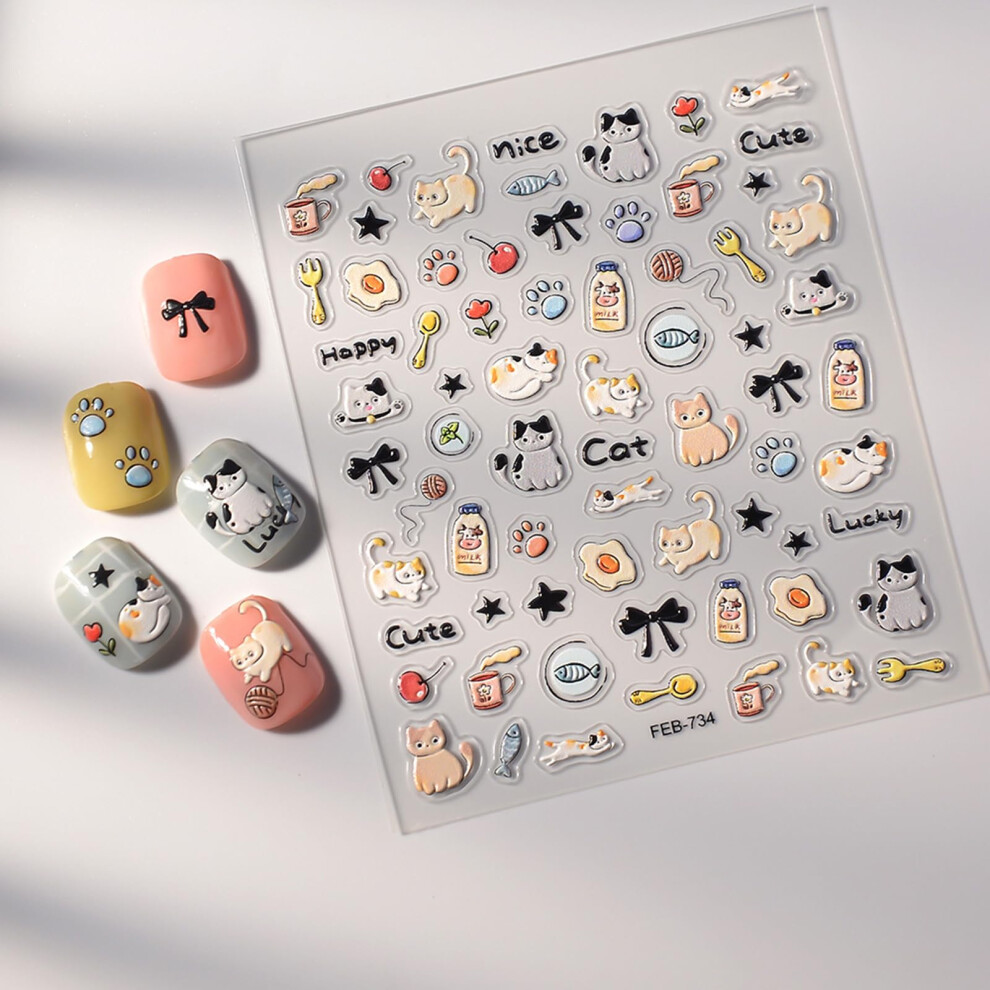 5D Embossed Cat Nail Stickers, SelfAdhesive Cute Cartoon Cat Nail Art Decals for DIY Manicure