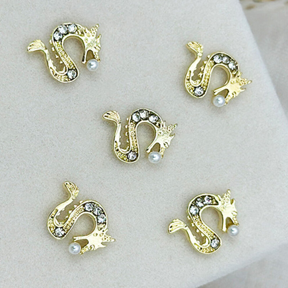 Chinese Dragon Nail Charms 5pcs Gold Alloy 3D Nail Art Decorations with Rhinestone Sparkle