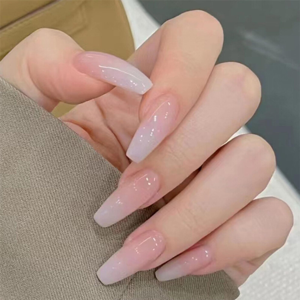 Pink,White,Cream 24Pcs Long Coffin Press On Nails Pink White Gradient Full Cover Nude Glossy Acrylic False Nails