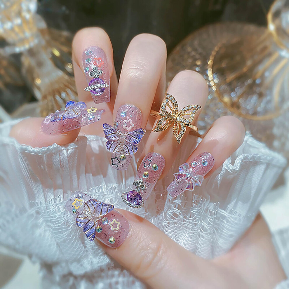 Coffin Shape Press on Nails Purple Glitter Fake Nails with 3D Butterfly Design Acrylic Kit