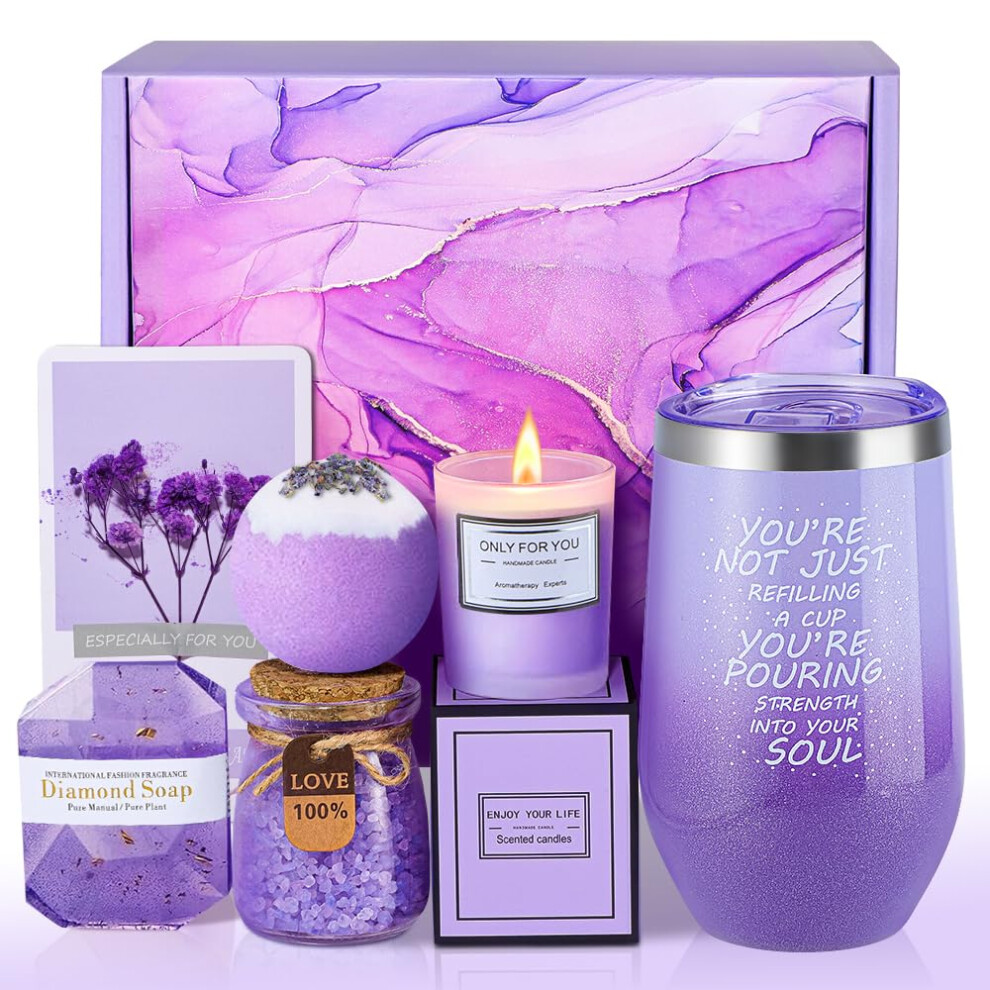 Lavender Spa Gift Basket For Women With Allinone Set, Aromatherapy Candle, Bath Bomb And More