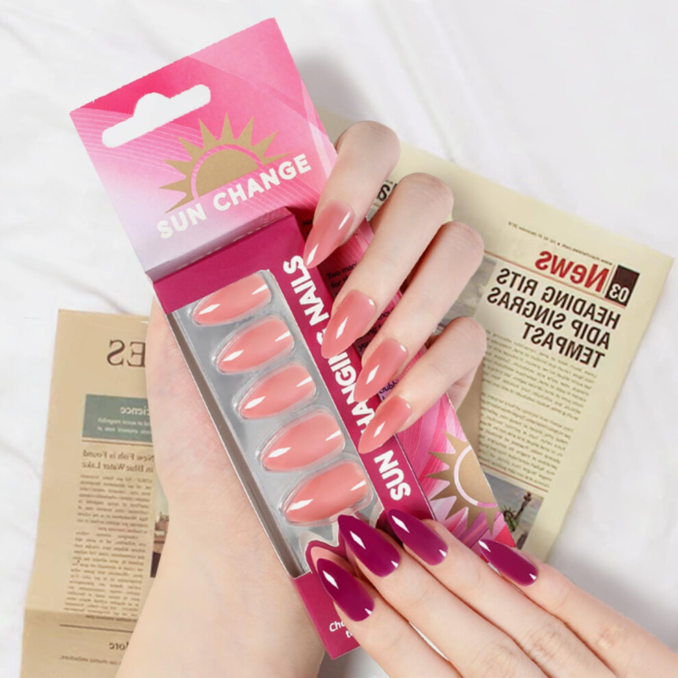 Medium Almond Press On Nails with Color Changing Effect and Glue, Reusable False Nail Set