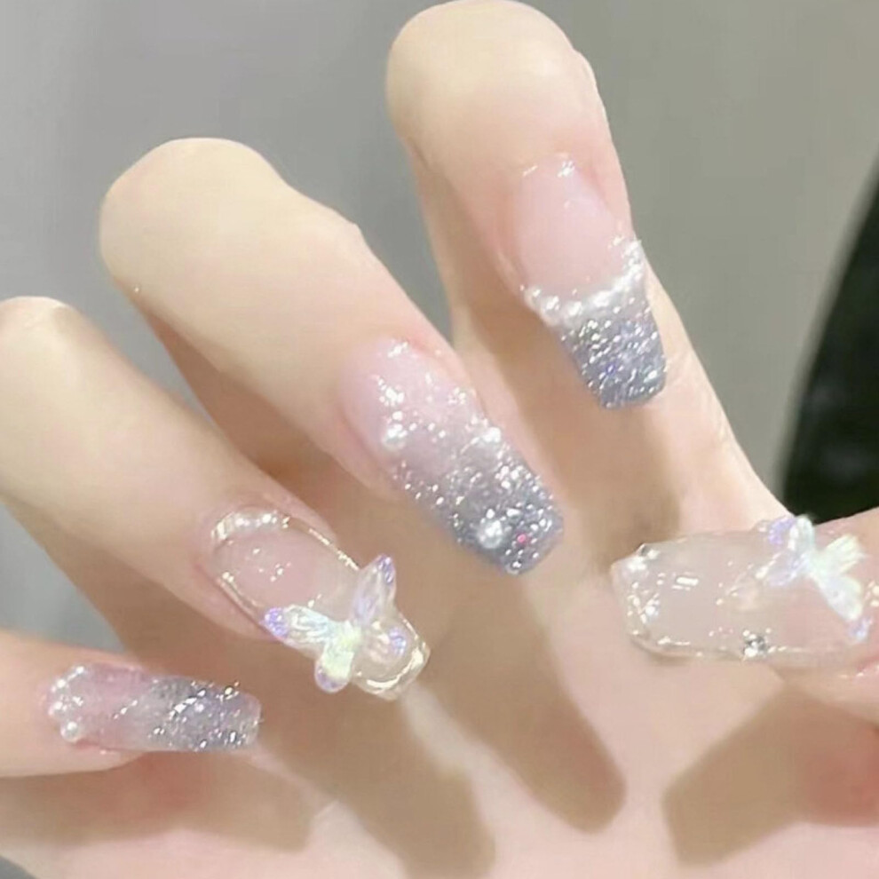 Blue Long Coffin Press On Nails With Glue, Shiny Rhinestone Acrylic, Reusable Salon Look Set