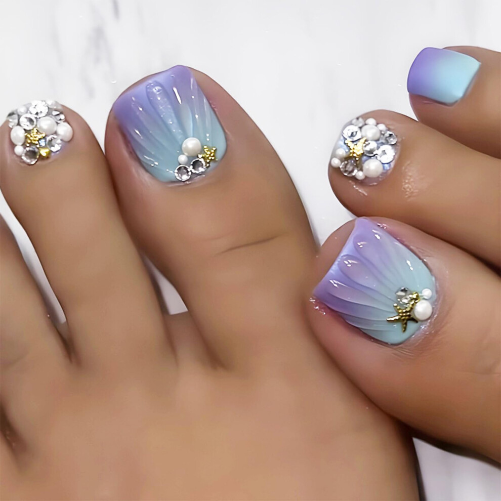 Purple Gradient Press On Toenails With Starfish And Rhinestones, 24Pcs Fake Toenail Set For Women
