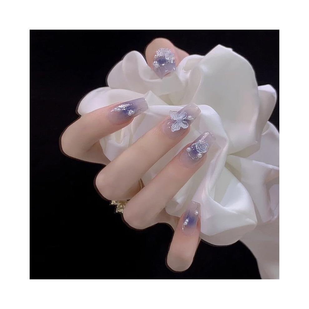 Square Glitter Press On Nails Aurora Butterfly Design Reusable Acrylic Fake Nails for Women