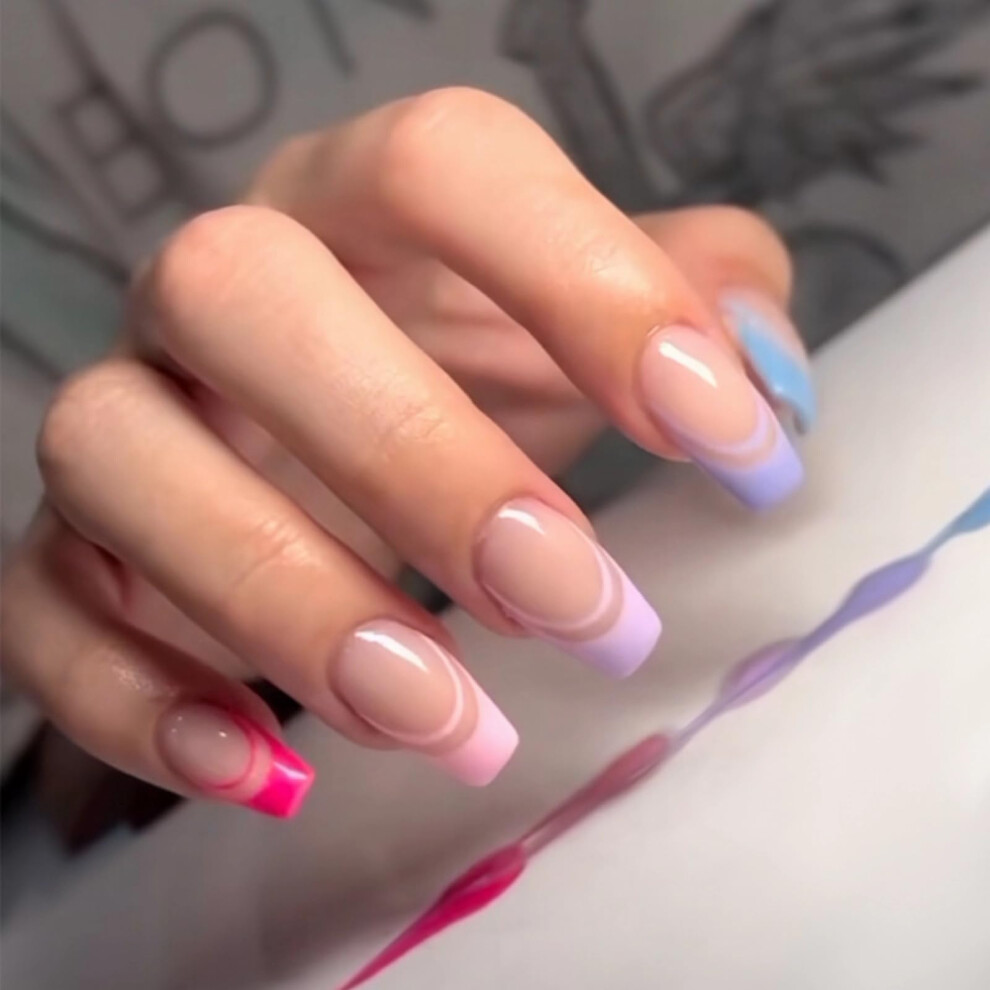 Rainbow Coffin Press On Nails French Tip Colorful Ballerina Acrylic False Nails 24pcs