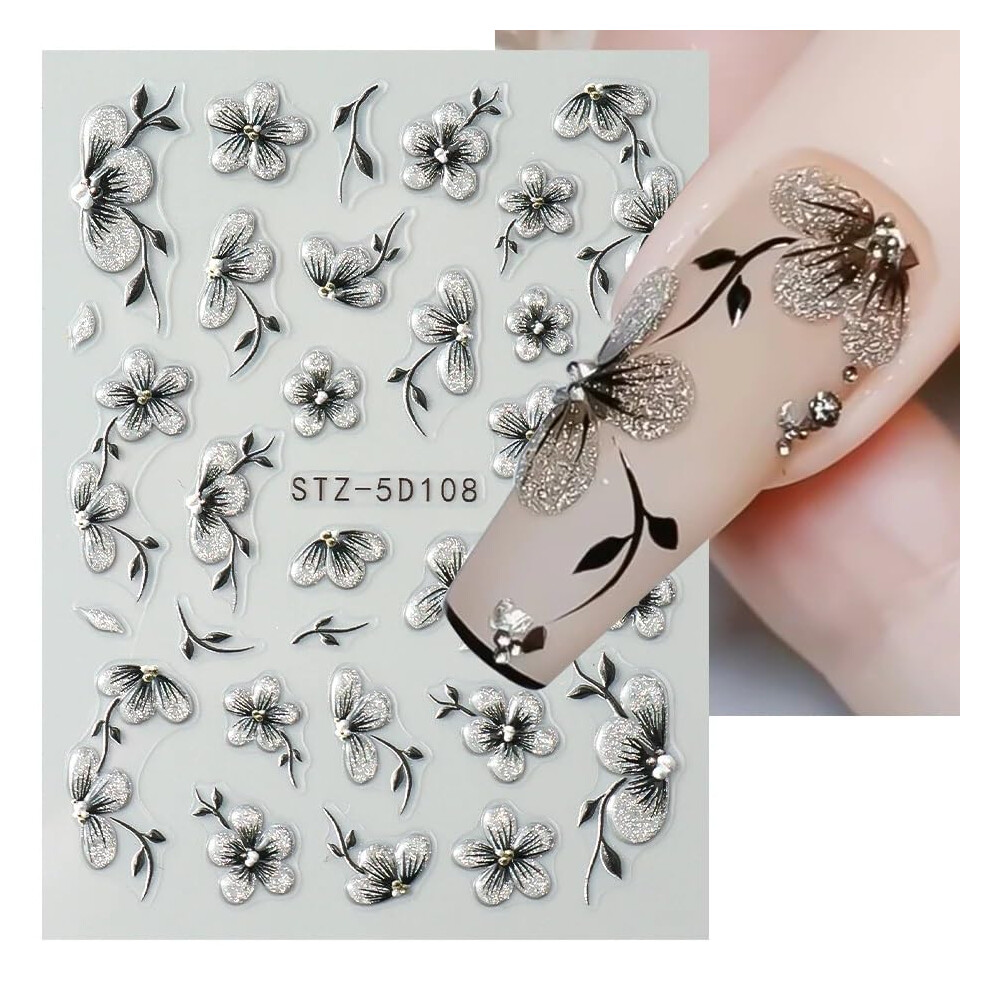 5D Embossed Floral Nail Stickers, Black Glitter SelfAdhesive Flower Nail Art Decals for Women