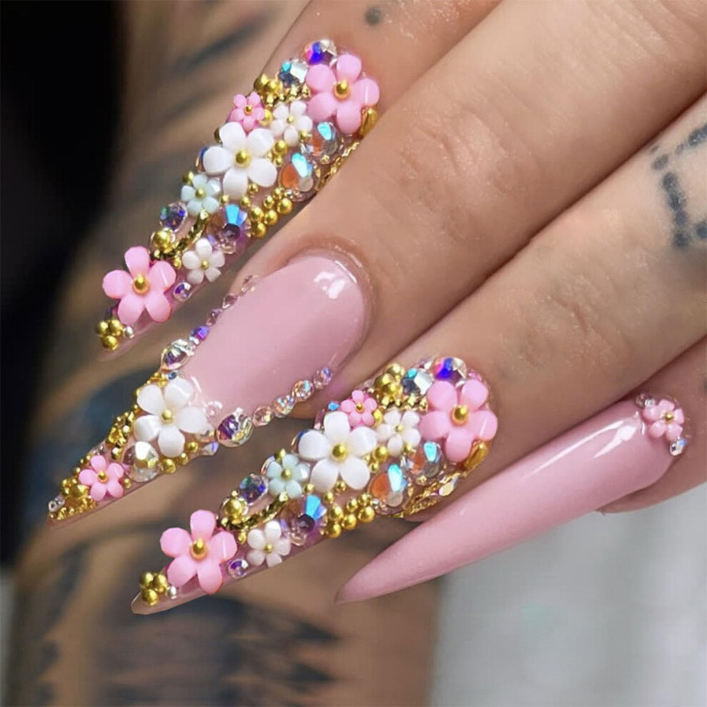 Pink Long Stiletto Press On Nails With Rhinestones Flower Acrylic Fake Nails Luxury Bling 24Pcs