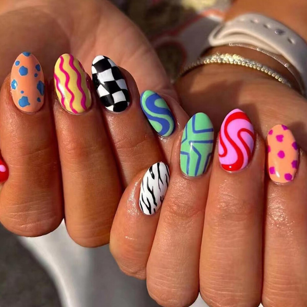 Colorful Short Almond Press On Nails Set, Reusable Acrylic False Nails with Designs for Women 24PCS