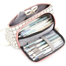 Double Zipper Pencil Case, Large Capacity School Supplies Bag Black and White Grid