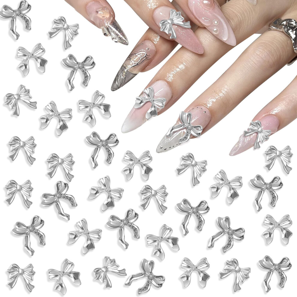 Silver 60Pcs Bow Nail Art Charms, Elegant 3D Alloy Bowknot Decorations, 3 Styles For Manicure Diy