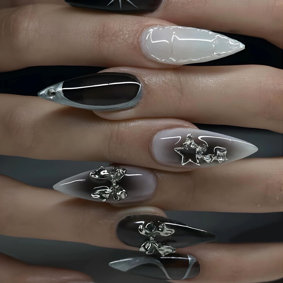 Black Medium Almond Press On Nails Ombre Acrylic Stiletto With Rhinestone Bow 24Pcs