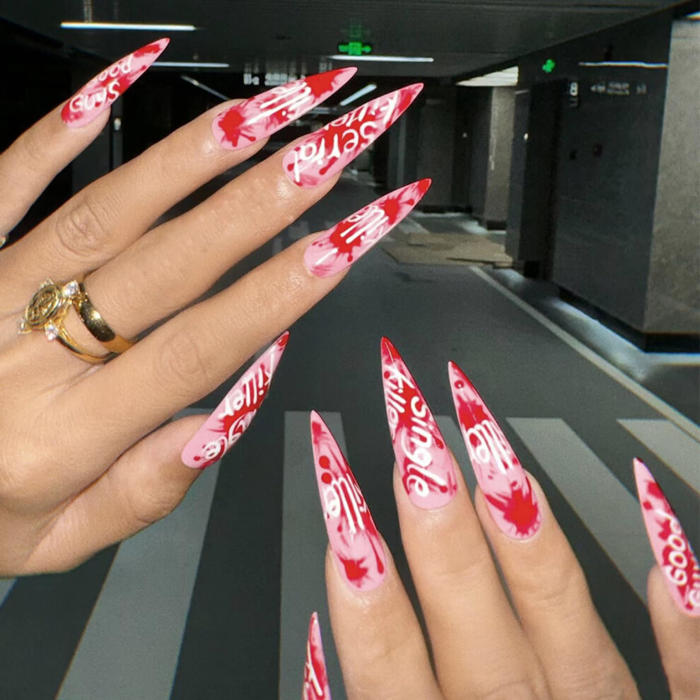 24 Pcs Long Stiletto Halloween Press On Nails with Glue, Glossy Acrylic Fake Nails for Women