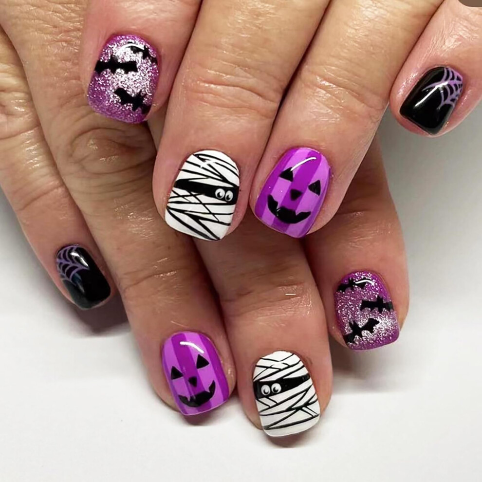 Halloween Press On Nails Set with Ghost and Mummy Designs, Purple Acrylic False Nails 24pcs