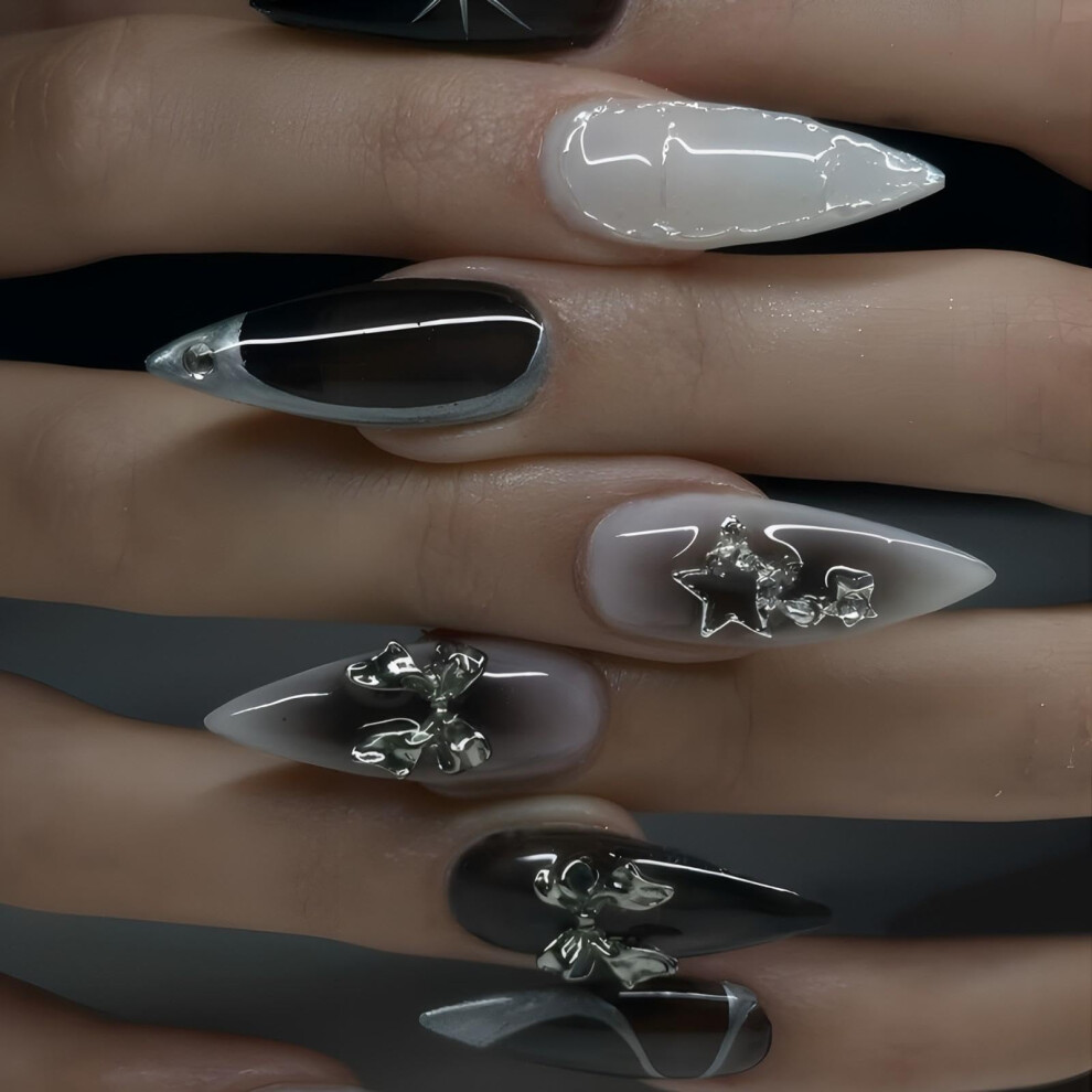 Black Medium Almond Press On Nails with Silver Butterfly Design, Reusable Acrylic False Nails Set