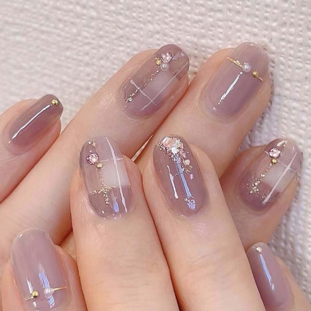 Medium Coffin Press On Nails with Pearl Shiny Finish, Reusable SalonQuality Fake Nails Kit