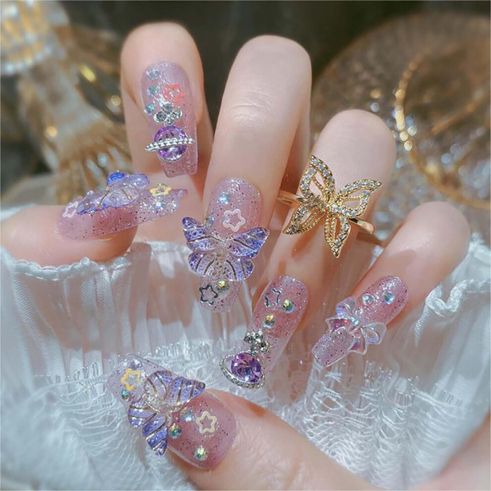 Purple Cat Eye Coffin Press On Nails Glitter With 3D Butterfly Rhinestones Medium Long 24Pcs