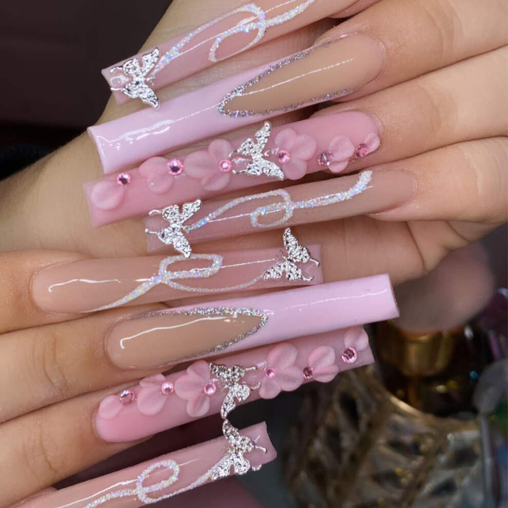 Long Coffin Press On Nails French Tip with 3D Butterfly and Pink Rhinestones Reusable False Nails