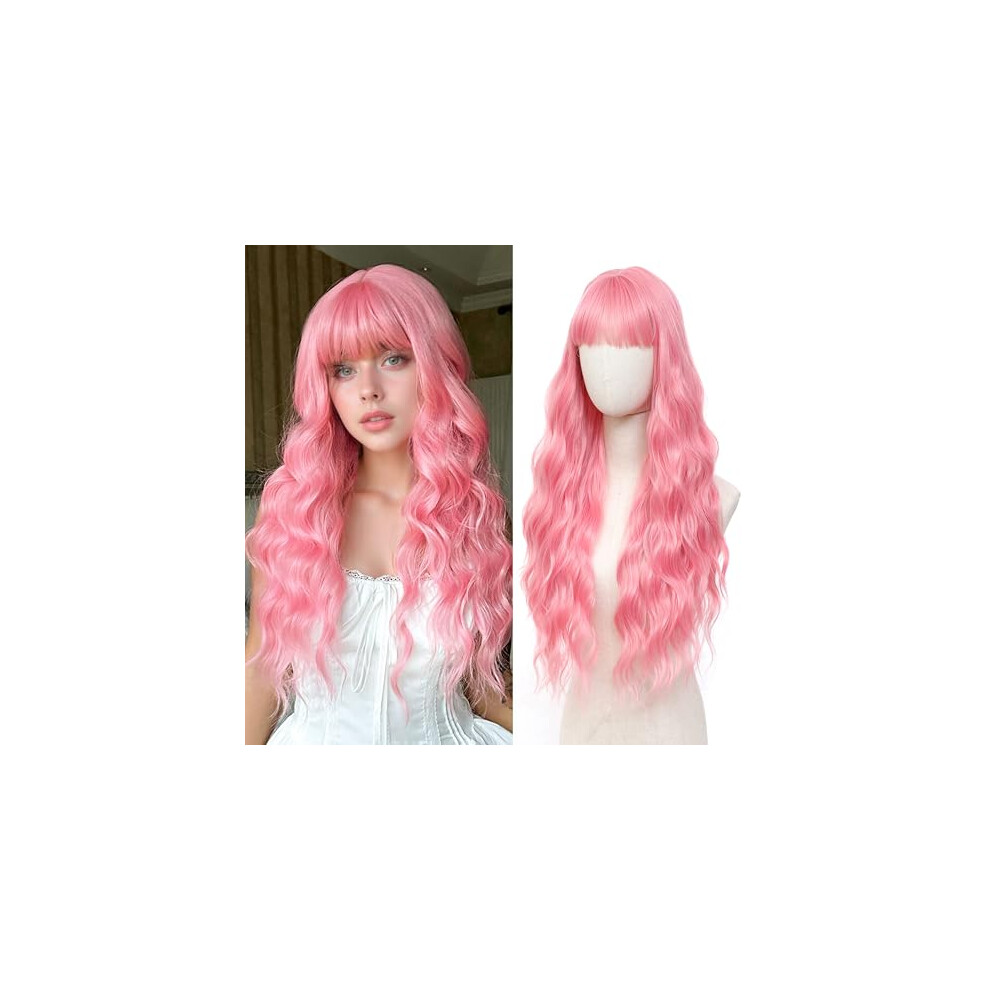 Unisex Pink Long Wig 28 Inch Wavy Synthetic With Natural Lace Hairline Heat Resistant For Cosplay