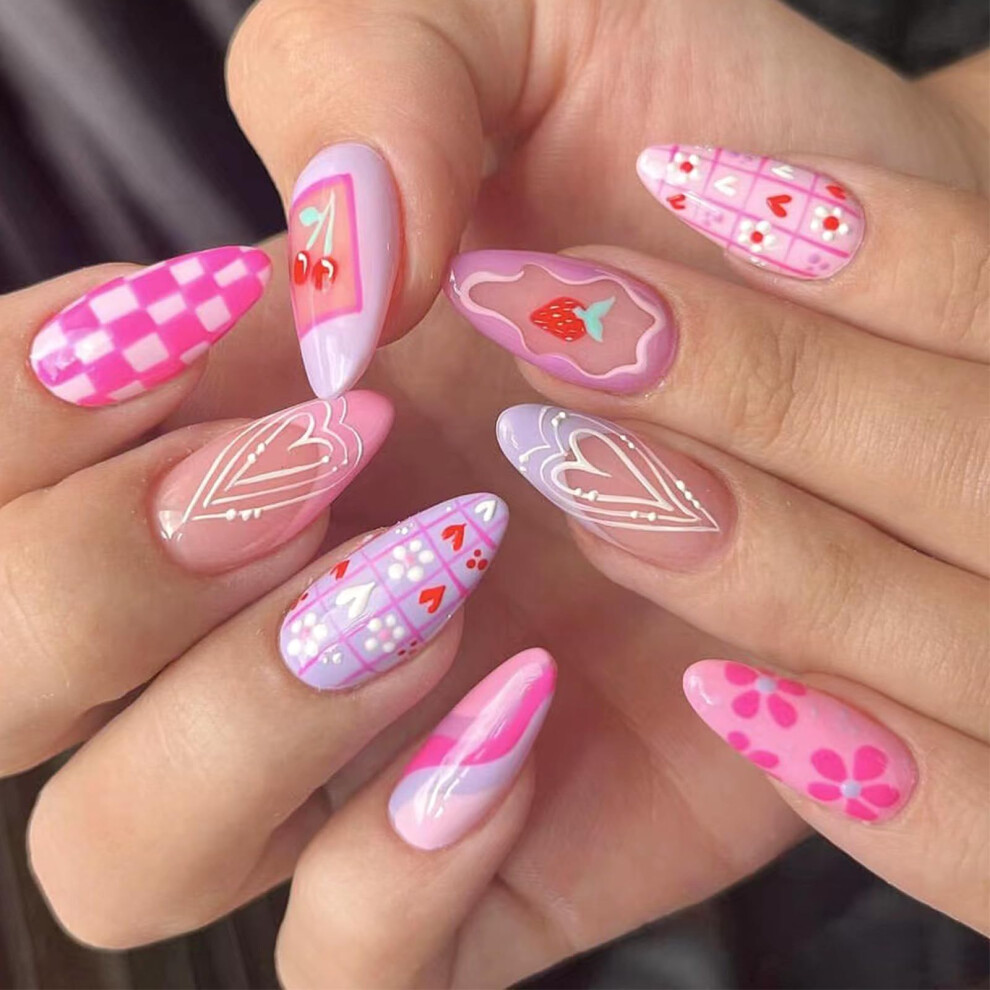 Pink Almond Press On Nails With Strawberry And Cherry Design, Medium Length, 24Pcs Reusable Set