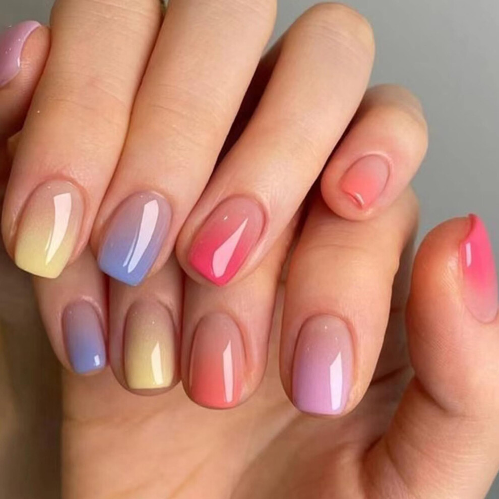 24PCS Short Square Press on Nails Fake Nails Colorful Gradient Acrylic Reusable Glue on Set