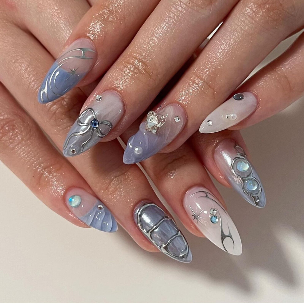 Blue French Tip Press On Nails With 3D Rhinestones Acrylic Fake Nails Set, 24Pcs Reusable Salon Quality
