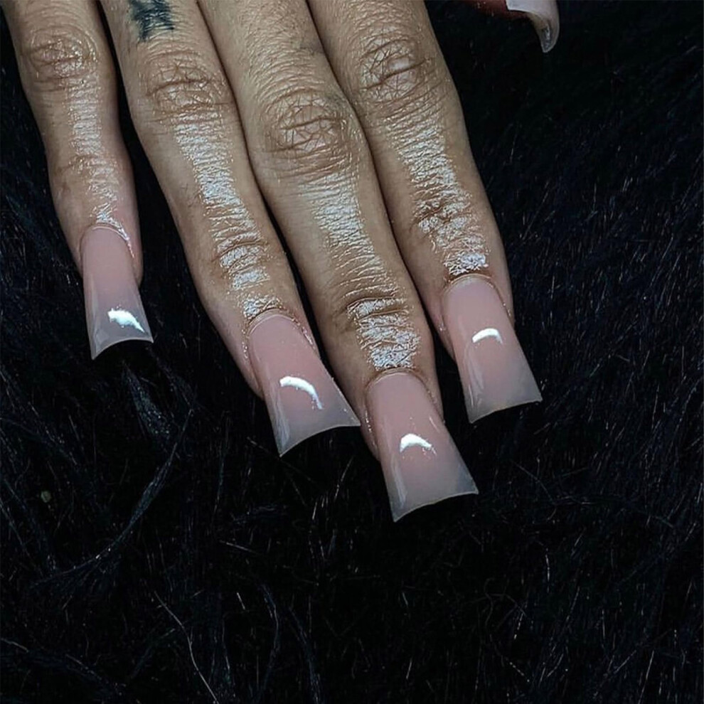Nude Coffin Press on Nails with Duck Design, Medium Length Acrylic Fake Nails Kit 24pcs