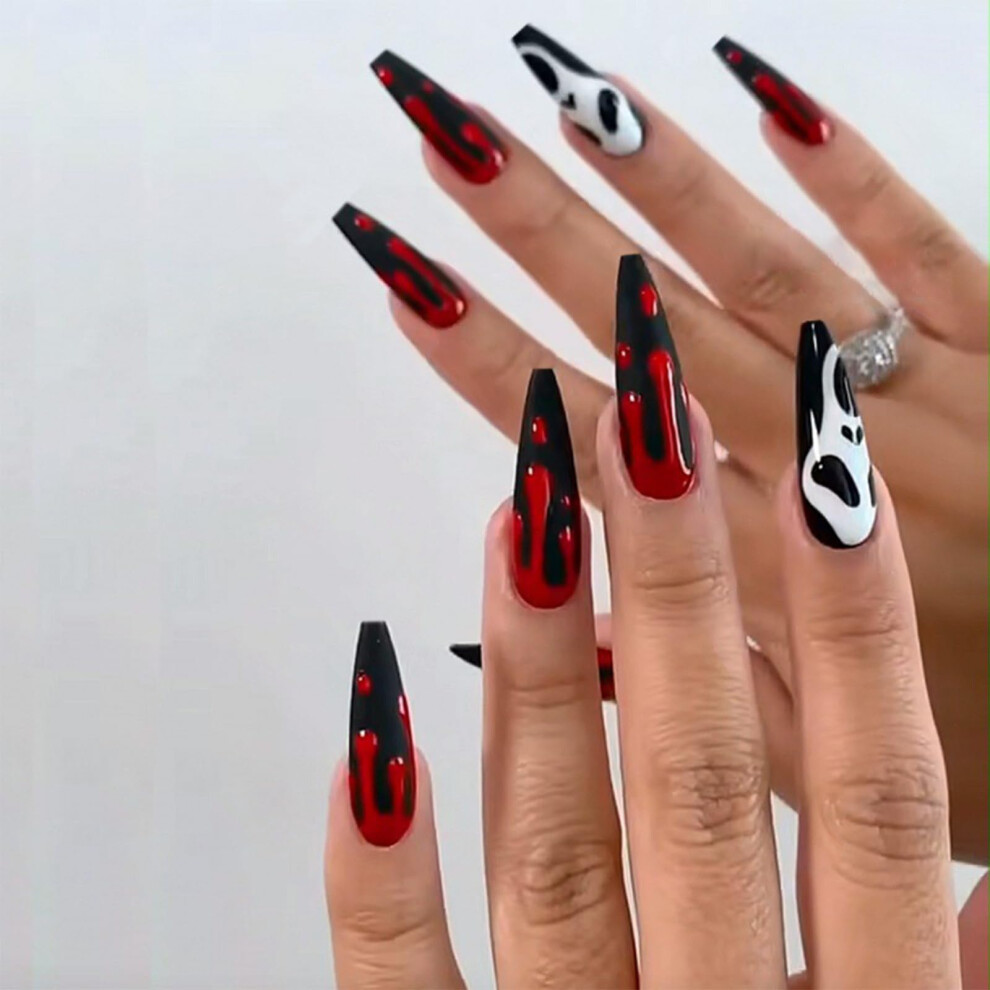 Halloween Press On Nails Set 24pcs Long Coffin Fake Nails with Skull and Blood Drop Design for Women