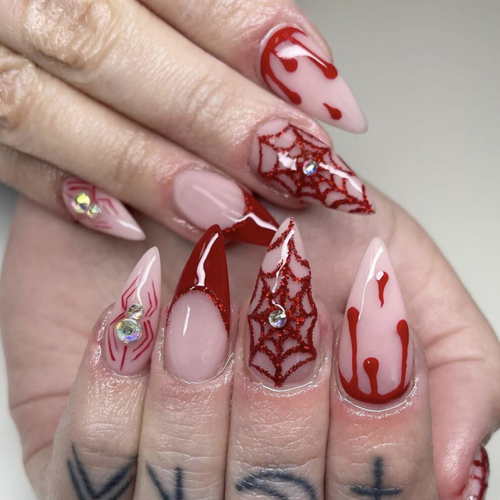 Red Halloween Press On Nails French Tip Almond Shape Fake Acrylic Nails With Rhinestones 24Pcs