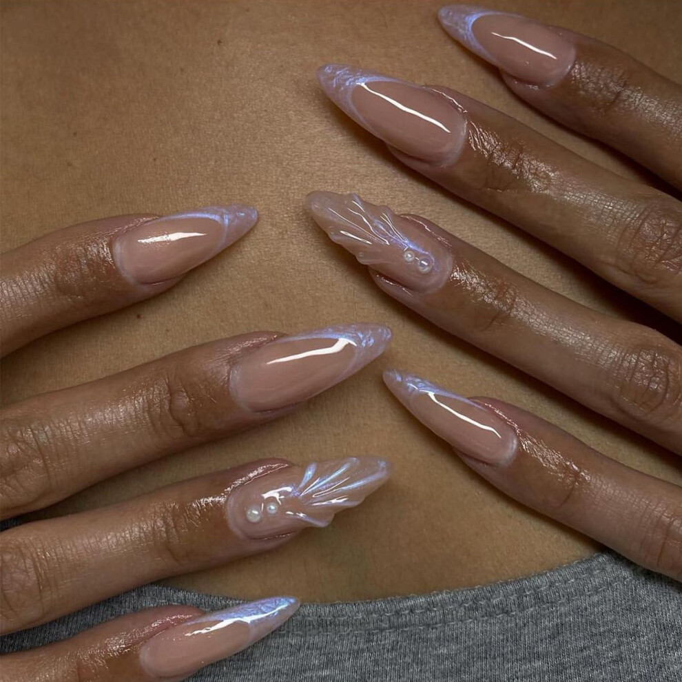 White,Cream 3D Seashell Pearl Press On Nails Almond Nude Fake Nails Reusable Acrylic Nail Set 24Pcs