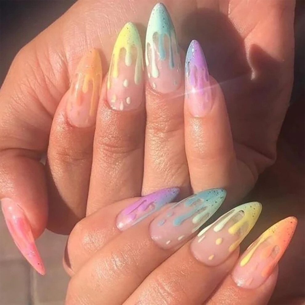 Medium Almond Press On Nails Rainbow Fire Design Acrylic False Nails SalonQuality 24PCS