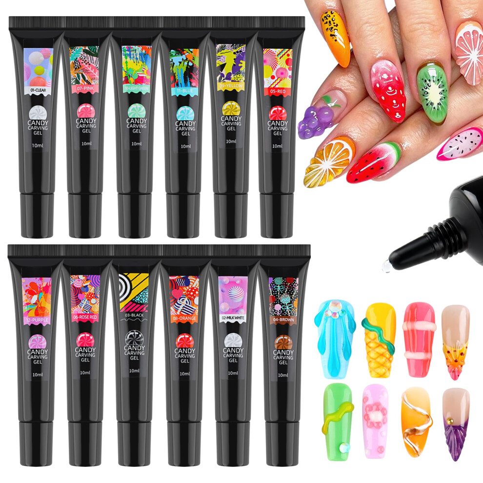 3D Nail Art Gel Set 12 Colors Sculpting Gel for Nails with Long Lasting Shine and Rhinestone Adhesion