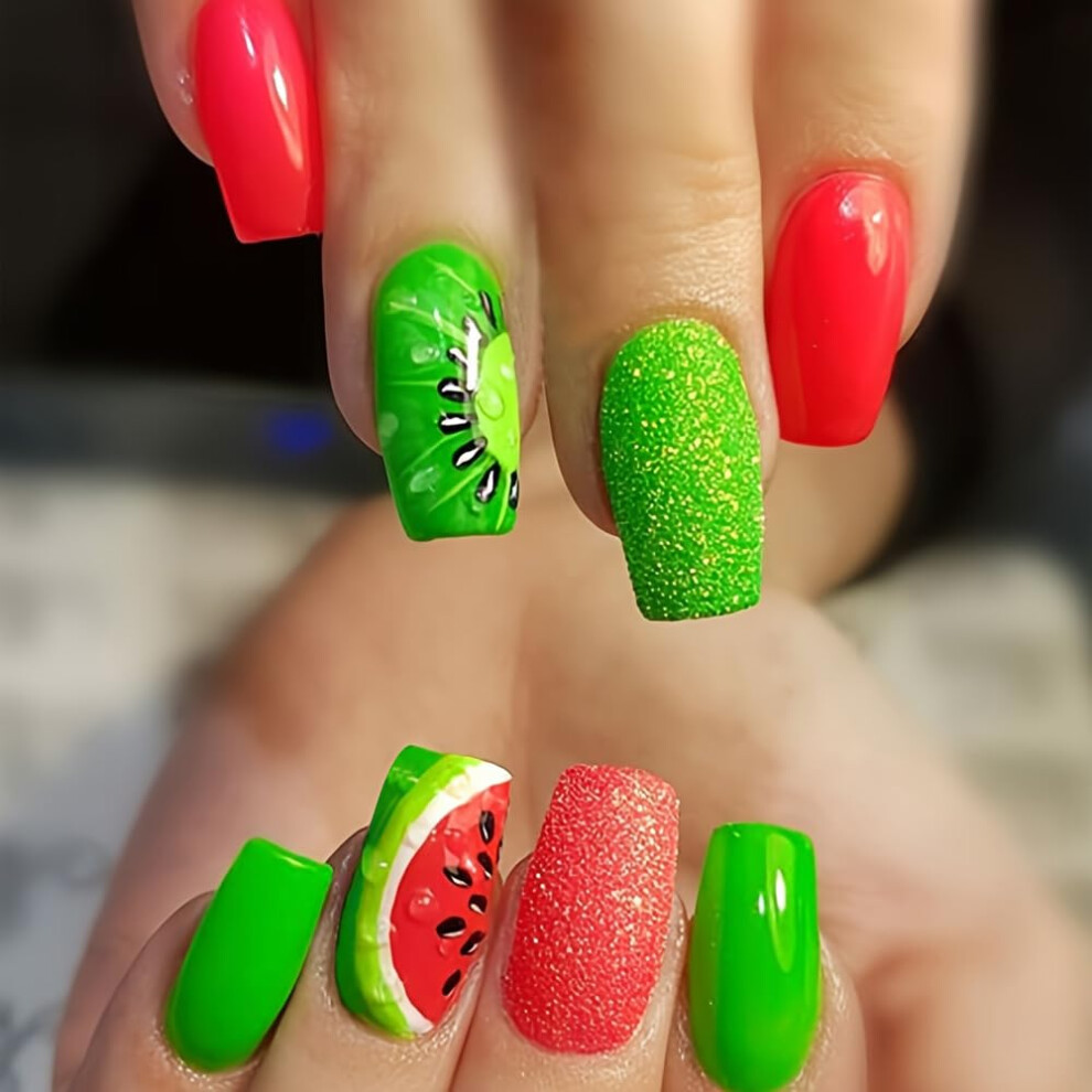 Long Coffin Press On Nails with Colorful Glitter Watermelon Design, Reusable Acrylic Nail Tips
