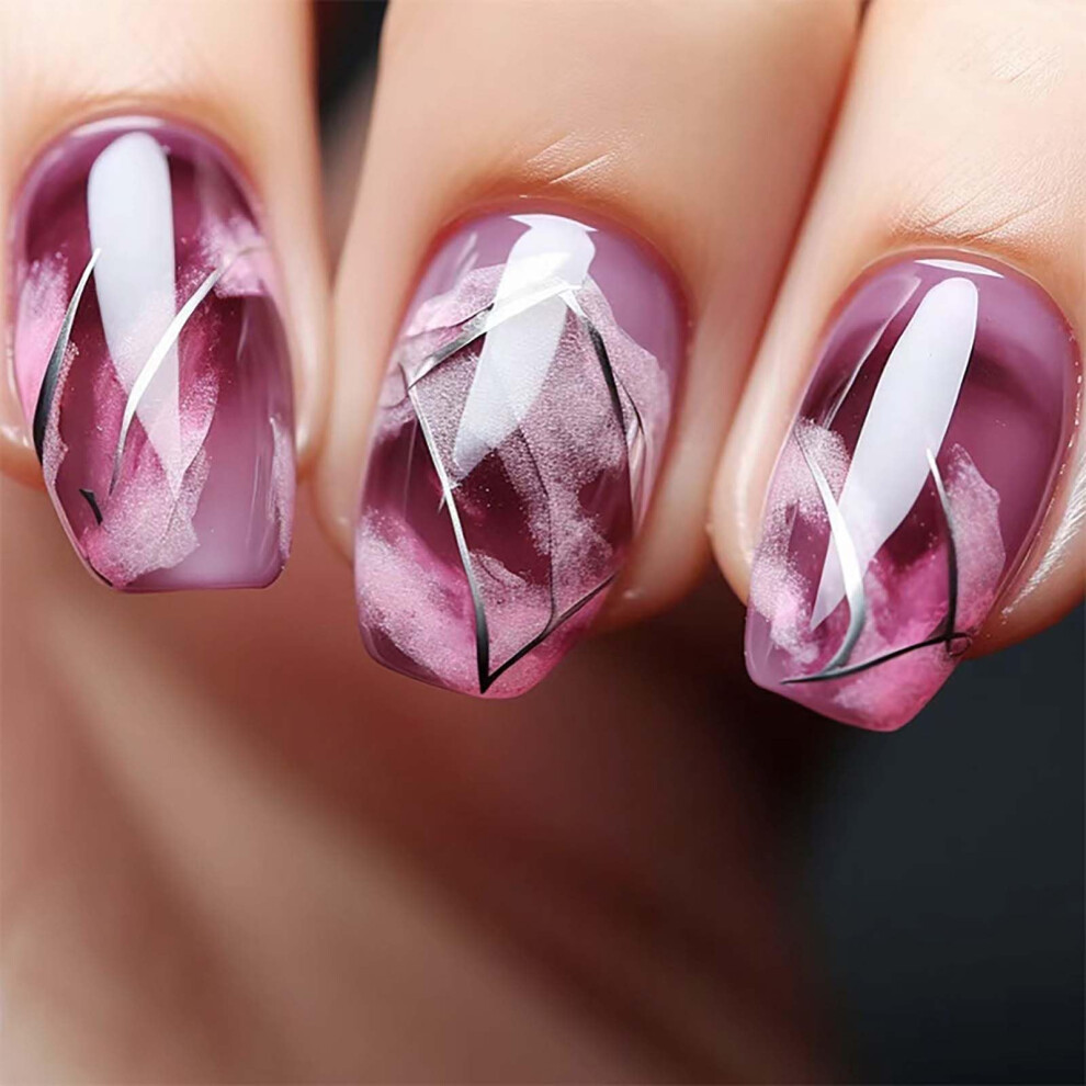 Pink Ombre Cat Eye Coffin Press On Nails Medium Acrylic Fake Nails With Reusable Jelly Glue 24Pcs