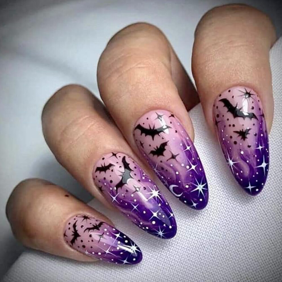 Halloween Press On Nails Almond Shape Purple Flame Bat Moon Design Reusable Acrylic Set 24pcs