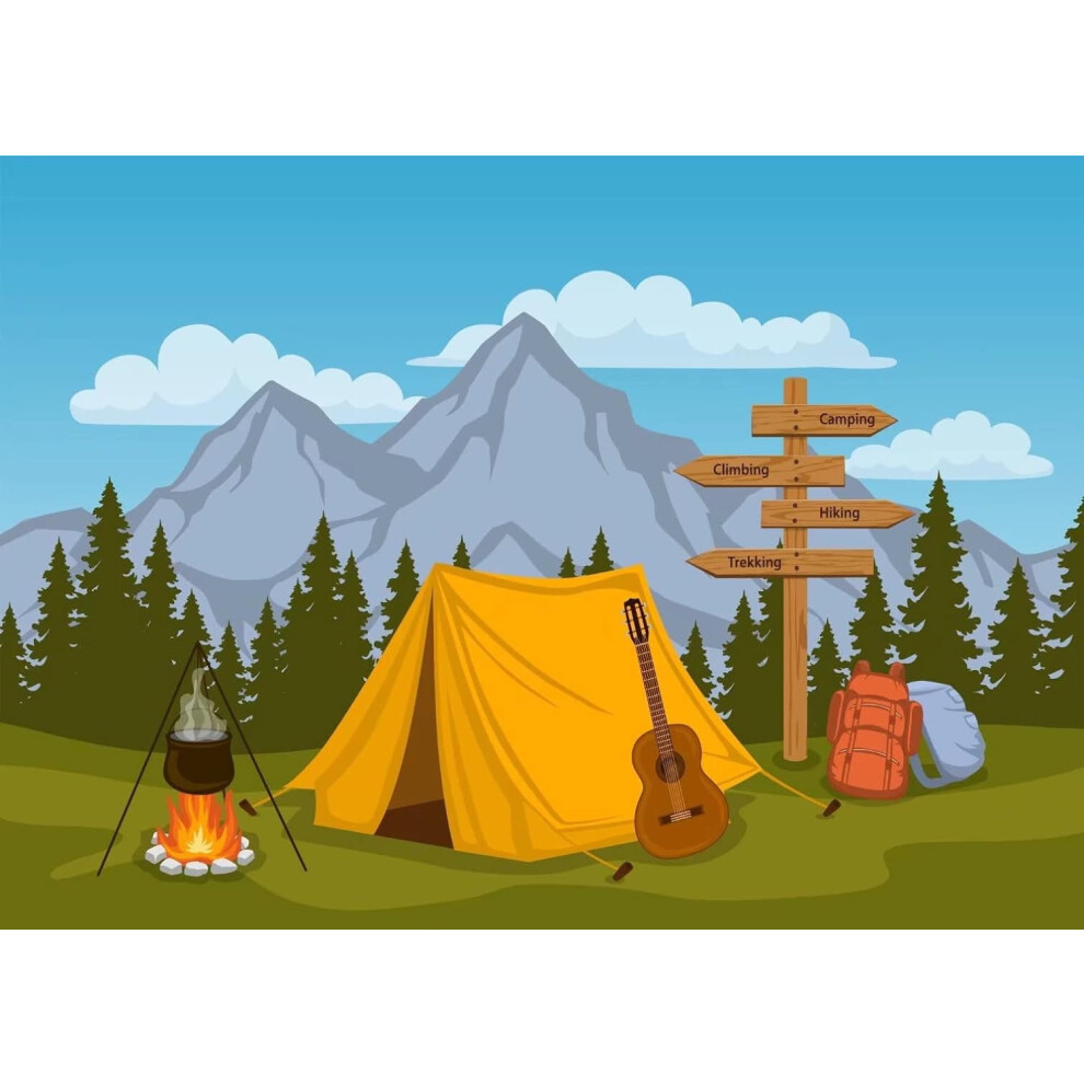 Cartoon Camping Backdrop - Forest, Mountain & Campfire Scene, Camper Tent Theme For Birthday Party, Hiking Climbing Sign, Guitar, Backpacks, Photo 9433291402283