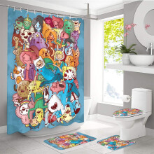 Juego de cortina de ducha de 4 piezas de Hora de Aventura con alfombra antideslizante, funda para inodoro y tapete de baño en forma de U, tela