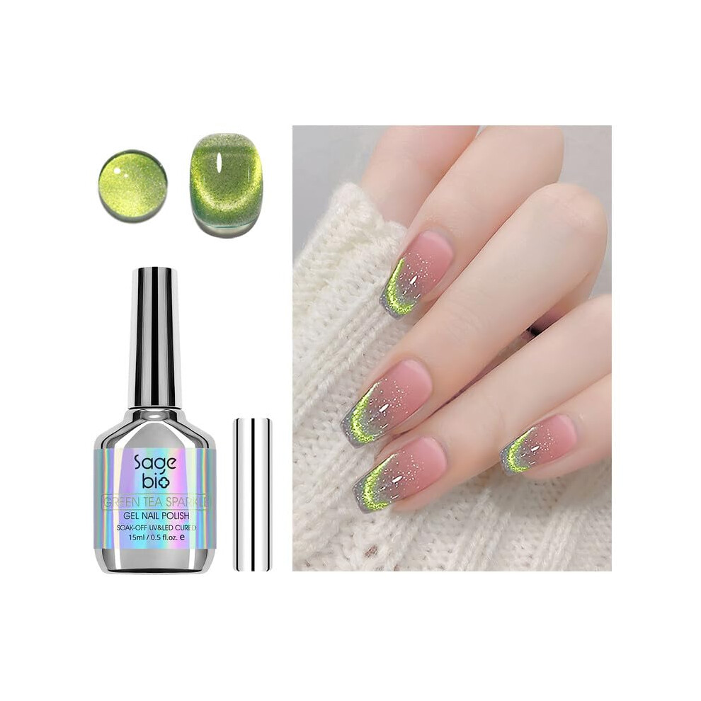 Green Cat Eye Gel Nail Polish With Magnet Stick, 15Ml Tea Sparkle Holographic Glitter, Longlasting