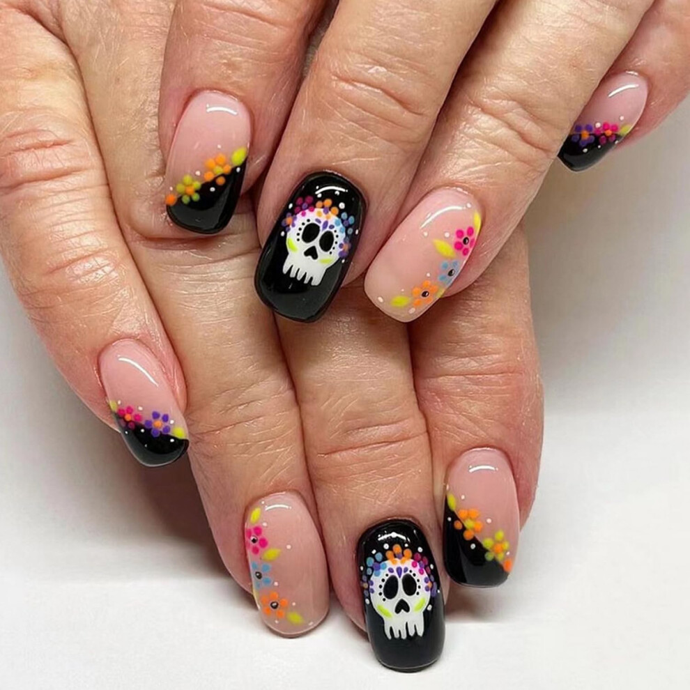 Pink,Black Halloween Skull Press On Nails Short Square Pink And Black Glossy Fake Nails Set 24Pcs