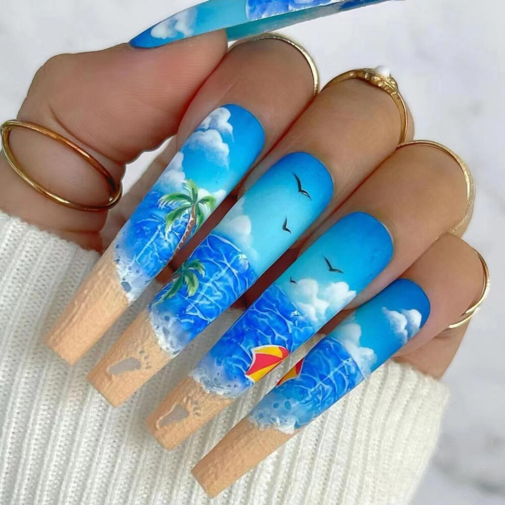 Long Coffin Press on Nails with Hawaiian Beach Designs Matte Acrylic Fake Nails Instant Salon Manicure