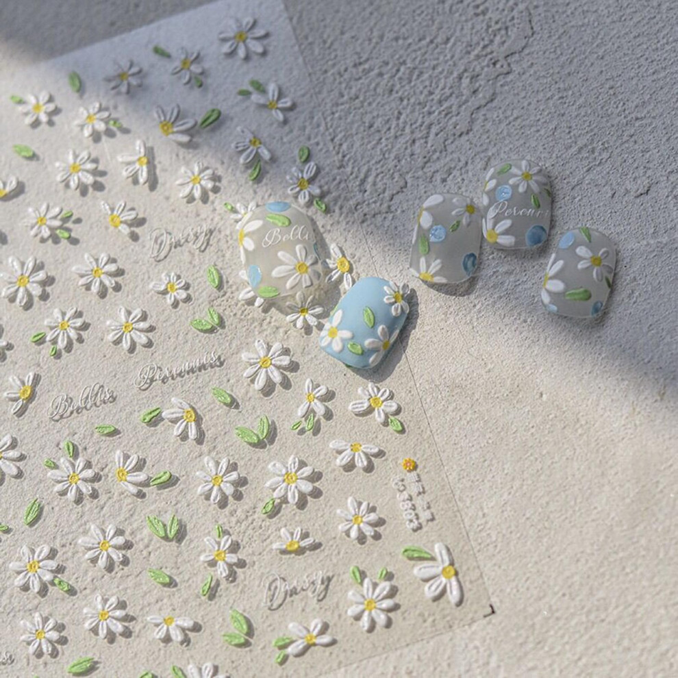 White Daisy Nail Art Stickers 5D Embossed Floral Decals Self Adhesive Summer Nail Accessories