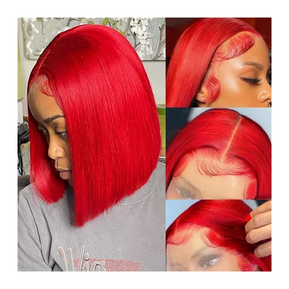 Unisex Red Lace Front Wig 13X4 Transparent Lace Human Hair Bob Preplucked Brazilian Remy 10 Inch Hot