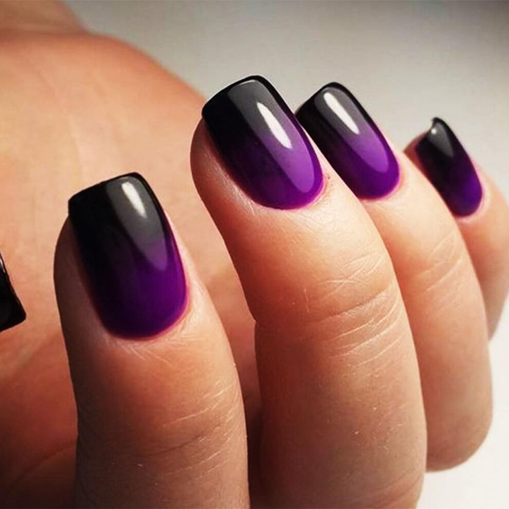 Short Purple Ombre Press On Nails Set with Glue, Reusable Fake Nails for Women, 24 Pcs