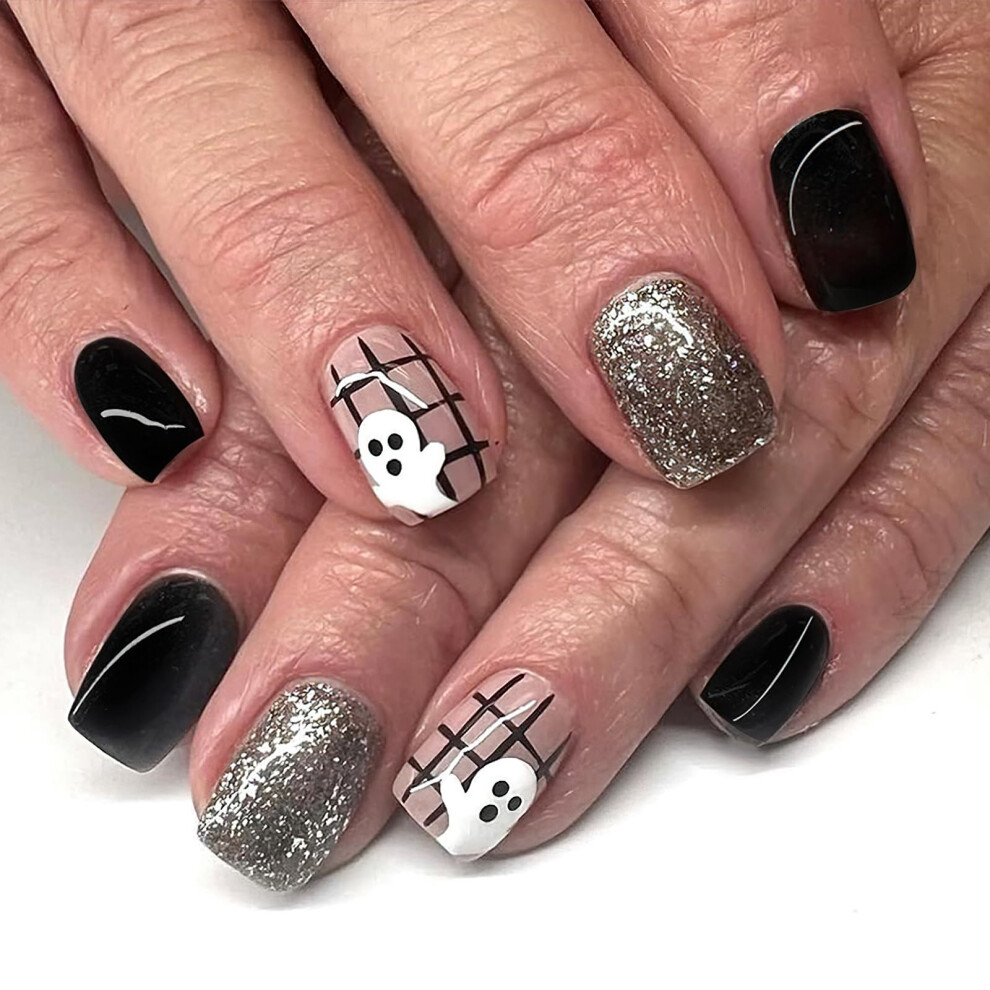 Halloween Press On Nails Short Square Glitter Fake Nails with Skull Ghost Design 24Pcs Reusable