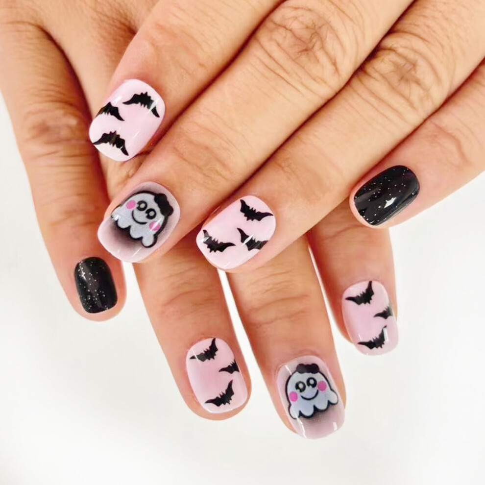 24pcs Halloween Ghost and Bat Press on Nails Short Square Glitter False Nails Reusable Acrylic
