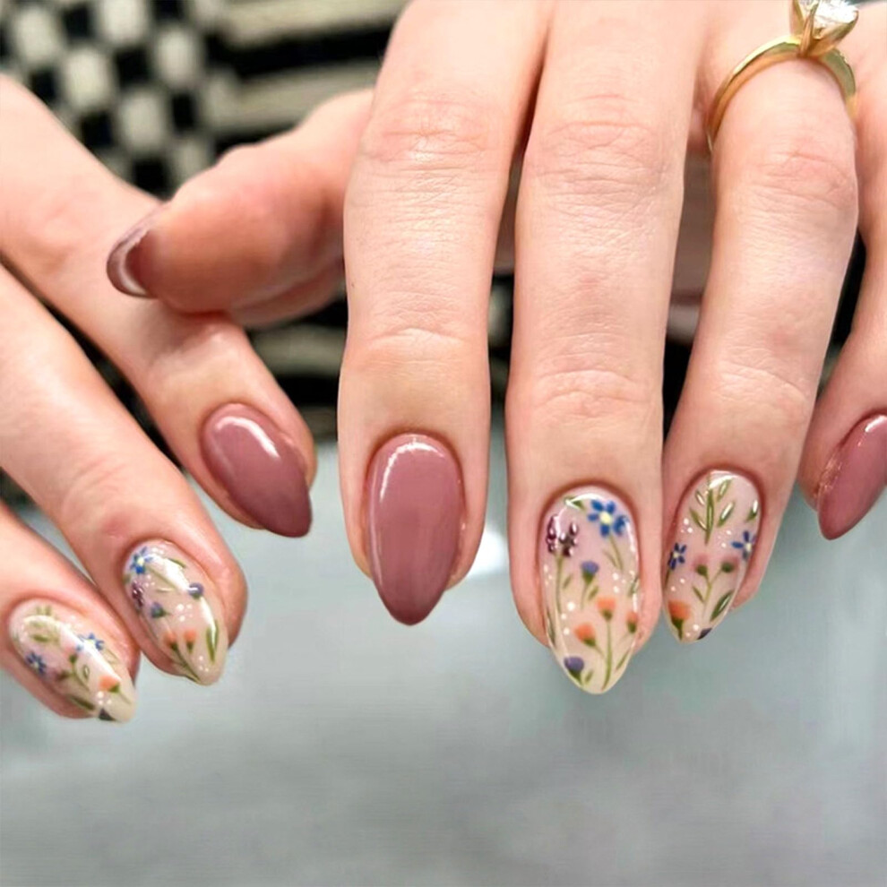 Short Floral Press On Nails 24Pcs Glossy Acrylic Fake Nails Reusable Kit for Women
